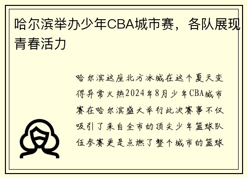 哈尔滨举办少年CBA城市赛，各队展现青春活力
